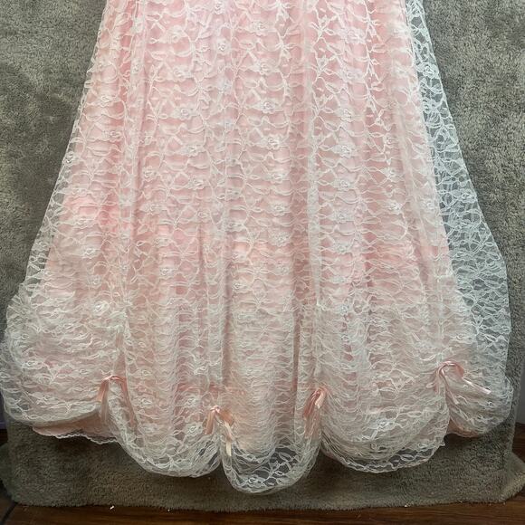 Vintage 80s Pale Pink Lace Off Shoulder Full Skirt Prom Dress Prairie Cottage - Picture 4 of 14